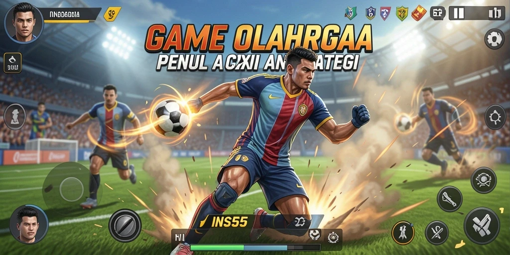 Screenshot utama INS55 menampilkan aksi seru di lapangan olahraga.