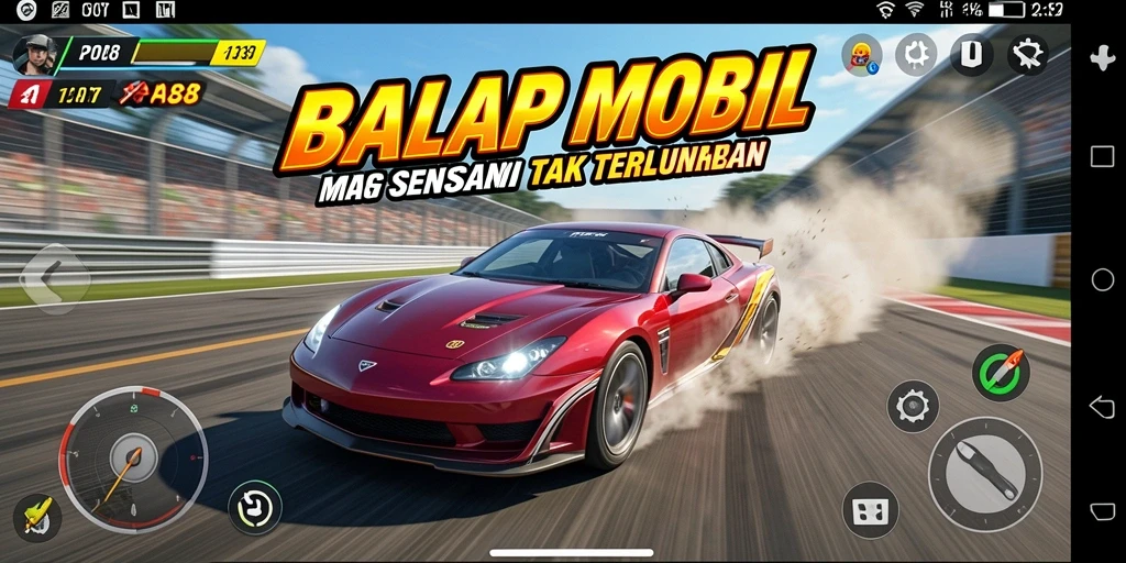 Tampilan balapan seru dalam gameplay POA88 dengan mobil cepat.