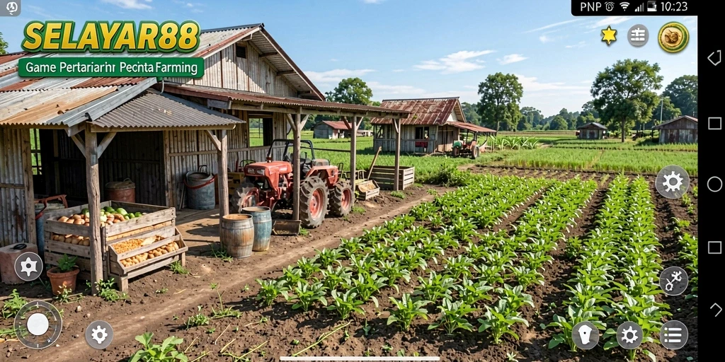 Tampilan gameplay SERAYAR88 yang menampilkan ladang subur dan tanaman yang beragam.