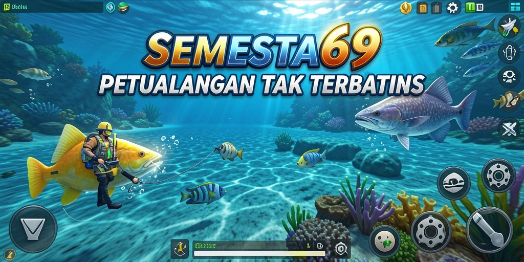 Tampilan gameplay SEMESTA69 saat memancing di danau yang tenang.